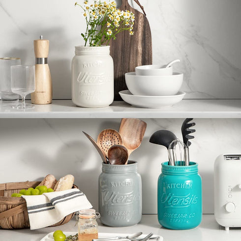 SWEEJAR Kitchen Utensil Holder with Embossed Style, 6.3" Porcelain Utensil Crock to Hold Spatulas for Cooking Countertop, Farmhouse Style Kitchen Decor (Turquoise)