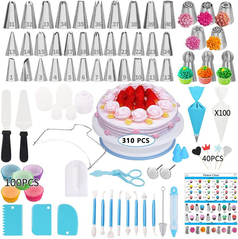Cake Decorating Supplies Kit,310 PCS Baking Supplies Set with Icing Piping Tips & Russian Nozzles with Pattern Chart,Piping Bags,Mother™s Day Gift