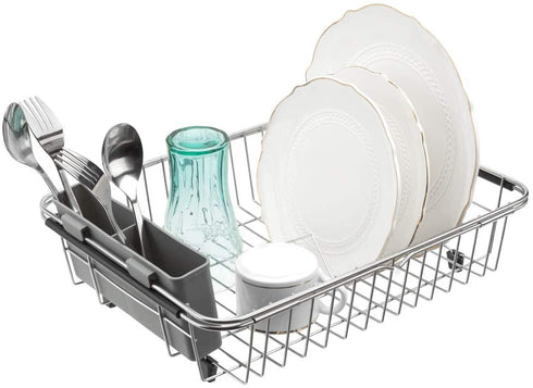 SANNO Over The Sink Expandable Dish Drying Rack, Dish Drainer,Dish Rack Dish Drainer Rack Plate Holder Basket in Sink or On Counter with Utensil Silverware Storage Holder, Rustproof Stainless Steel