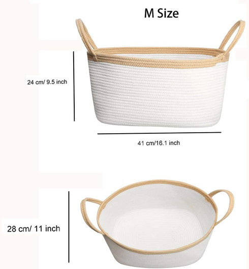 Rope Basket with Long Handles, Woven Basket, Baby Kids Room Toy Storage, Portable Hampers, Towel Storage Basket Woven Rope Basket, Nursery Hampers, Dog Toy Basket, (M Square 24 cm 28 cm 42 cm)