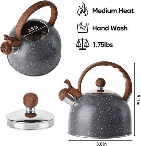 Tea Kettle - VONIKI 2.5 Quart Tea Kettles Stovetop Whistling Teapot Stainless Steel Tea Pots for Stove Top Whistle Tea Pot With Wood Pattern Anti-Hot Handle Teakettle Black