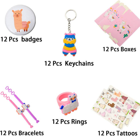 Llama Birthday Party favors Supplies Set - Llama Bracelets, Rings, Tattoos, Badges, KeyChains and Goodie bags for Classroom Rewards Carnival Prizes Set Gifts for Kids Girls - Serve 12 Guests -72Pcs