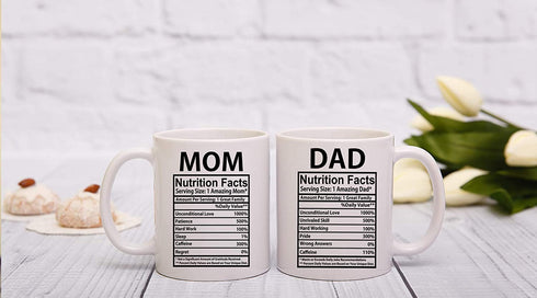 Mom & Dad Nutritional Facts 11oz White Ceramic Funny Couple Coffee Mugs Set For Husband and Wife Him And Her Gifts Mr & Mrs Gift Anniversary Mom and Dad Present Tea Cup - By AW Fashions