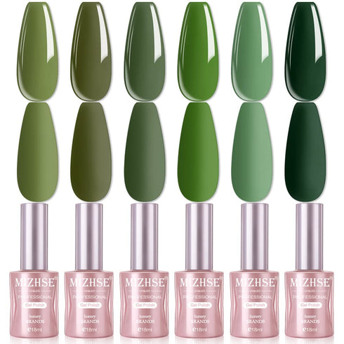 MIZHSE Carnival Evergreen 18 ml Gel Nail Polish Set- Army Green Nail Gel 6 Colors kits Olive Neon Green gel nail with Gift Box Nail Gel Soak Off UV LED Salon Dark Green kit (Green Set)