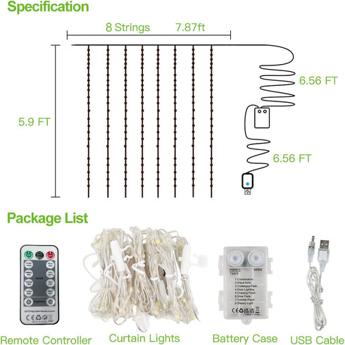 String Lights Curtain USB or Battery Powered, Bedroom Fairy Lights with Remote for Wall Party Christmas Indoor Outdoor Decor,(Cool White,7.87Ft x 5.9Ft)