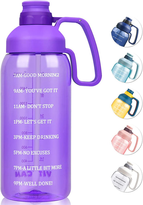 Half Gallon Water Bottle with Straw & Time Marker & large Handle, Water Bottles with Times to Drink 64 OZ Water Jug BPA Free Tritan Wide Mouth Motivational Water Bottle for Sports, Gym, Workout, Office