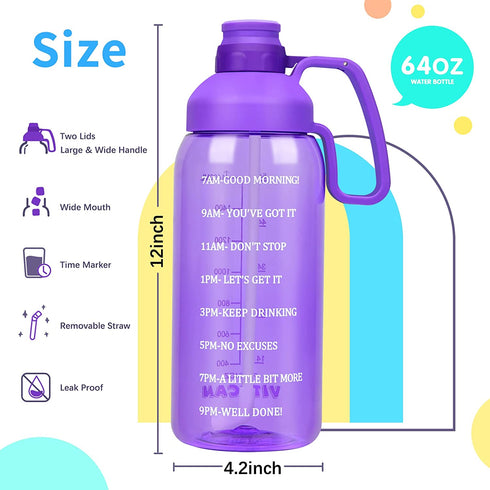 Half Gallon Water Bottle with Straw & Time Marker & large Handle, Water Bottles with Times to Drink 64 OZ Water Jug BPA Free Tritan Wide Mouth Motivational Water Bottle for Sports, Gym, Workout, Office