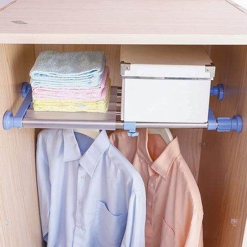 Hershii Closet Tension Shelf & Rod Expandable Metal Storage Rack Adjustable Organizer DIY Divider Separator for Cabinet Wardrobe Cupboard Kitchen Bathroom - Blue