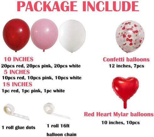 Women's Day Party Balloons Arch and Garland, 110 PCS Valentines Color Red Pink White Balloons 18" 12" 5" Red Heart Mylar Balloons for Valentines Wedding Engagement Party Supplies