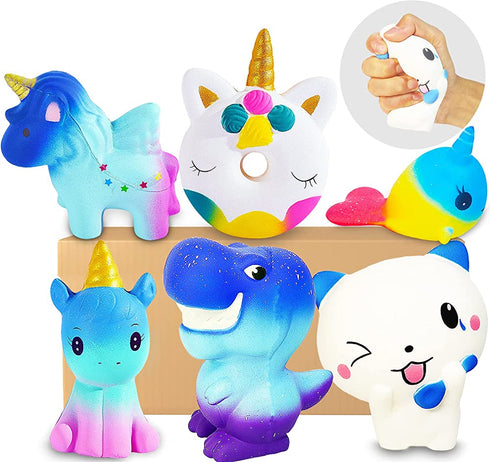 Squishies, 6 Pack Slow Rising Jumbo Squishy Toys for Kids, Unicorn Horse, Cat, Dinosaur, Shark, Donut Animals Squishies, Sensory Fidget Toys Set for Kids Party Favors Stress Relief Toys