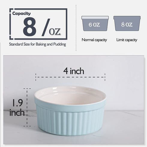 Delling Ramekins 8 Oz Oven Safe - Creme Brulee Ramekins, Porcelain Bowls for Baking, Cakes, Ice Cream, Set of 6, Turquoise
