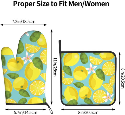 VEIZKUO Lemon Pattern Yellow Oven Mitts Cute Pot Holders Sets for Kitchen Hot Pads Heat Resistant Washable for Counter Table Decorative BBQ Cooking Baking Grilling, One Size