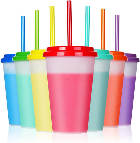 12oz Plastic Kids Cups with Lids & Straws - 7 Pack Reusable Color Changing Cups Adults Drinking Cup | Bulk Tumblers with Straw for Party Ice Coffee Smoothie Juice