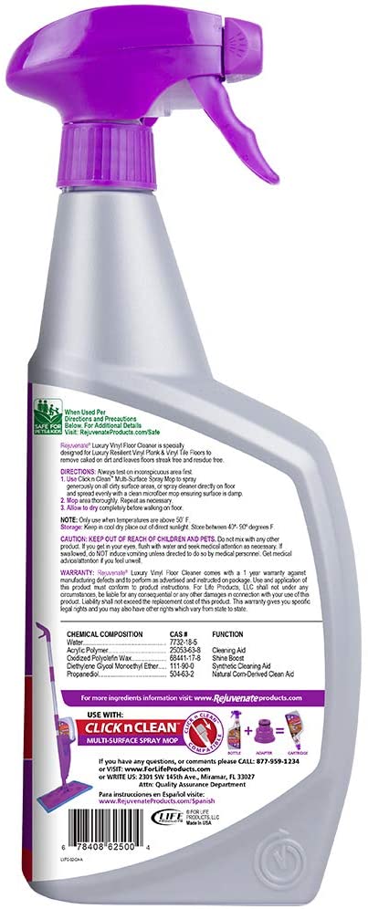 Rejuvenate High Performance Luxury Vinyl Tile Plank Floor Cleaner pH Neutral Formula Doesn't Leave Streaks or Dulling Residue 32oz