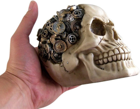 Steampunk Cyborg Protruding Gear Work Human Skull Statue Clockwork Gear Design Skeleton Cranium Figurine