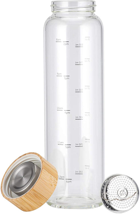 sunkey Glass Water Bottle 32 oz Wide Mouth with Sleeve Bamboo Lid 1 Litre Motivational Water Bottle With Time Marker Reusable Safe for Hot Cold Drinks Bpa Free (Gray)