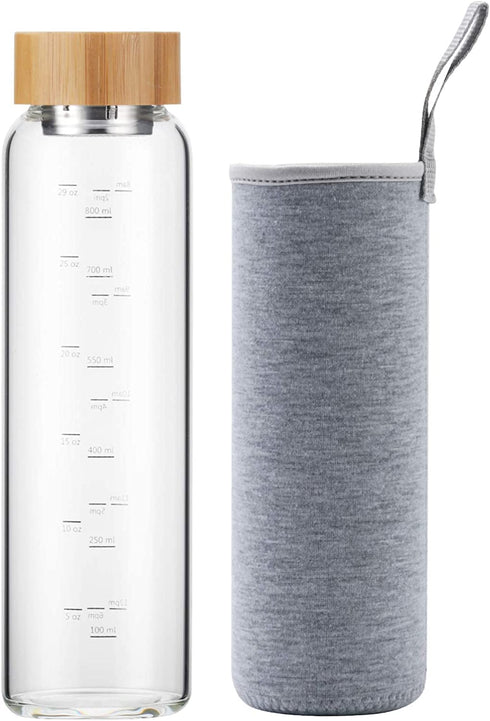 sunkey Glass Water Bottle 32 oz Wide Mouth with Sleeve Bamboo Lid 1 Litre Motivational Water Bottle With Time Marker Reusable Safe for Hot Cold Drinks Bpa Free (Gray)