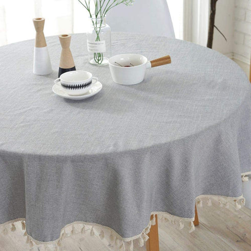 Lahome Solid Color Tassel Tablecloth - Cotton Linen Round Table Cover Kitchen Dining Room Restaurant Party Decoration (Gray, Round - 60")