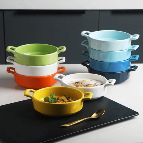 SWEEJAR Porcelain 10 Ounce Ramekins, Round Double Handle Souffle Dishes for Baking, Creme Brulee, Ice Cream, Pudding - Set of 6(White)