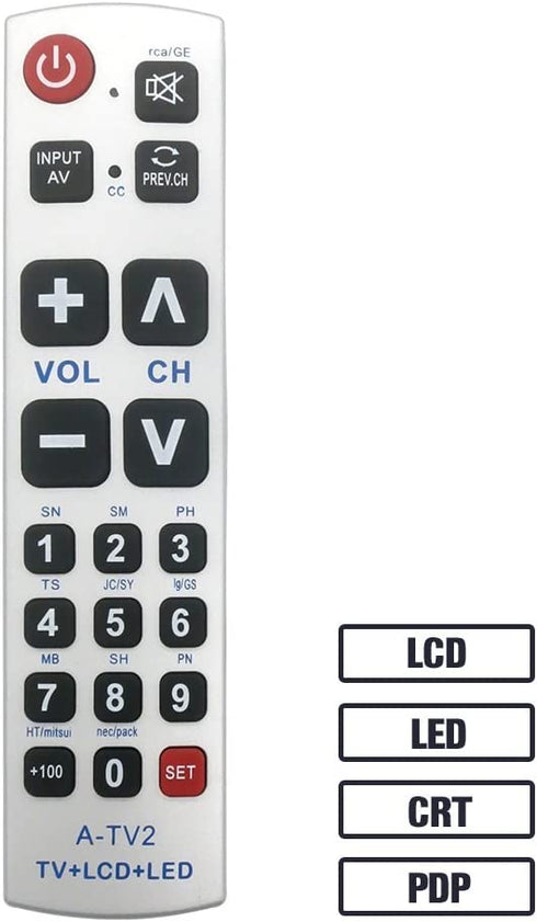 LuckyStar Big Button Universal Remote Control A-TV2, Initial Setting for Lg, Vizio, Sharp, Zenith, Panasonic, Philips, RCA - Put Battery to Work, No Program Needed