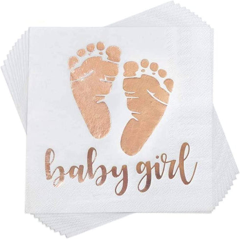 Trgowaul 100 Pack Baby Girl Shower Napkin Rose Gold Baby Girl Letters and Baby Footprint Pattern Beverage Napkins 3-Ply White Paper Cocktail Napkins for Girl Baby Shower Party
