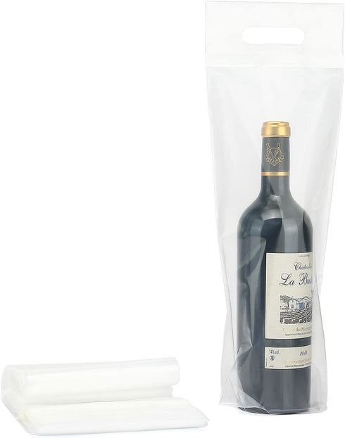 Wine Bottle Doggy Bag 100 Pack: Carryout Adhesive Seal Tamper Proof Travel Bags for Restaurants, Bars, and Dinner Parties (Clear)