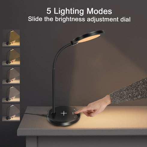 Desk Lamp with Wireless Charger, LED Desk lamp with USB Charging Port, 5 Lighting Modes 10 Brightness Levels, Sensitive Control Eye-Caring Office Lamp Black