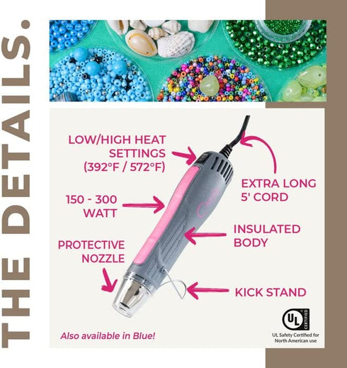 Heat Gun for Crafts, Mini Dual Temp Hot Air Gun Tool for Epoxy Resin, Shrink Wrapping, Vinyl Wrap, Embossing, Electronics, Candle Making, Sublimation, Phone Repair & DIY (Pink)