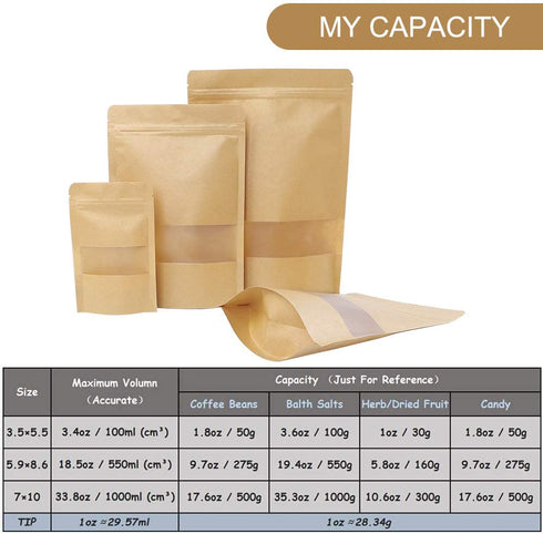Moretoes 120pcs Kraft Stand Up Pouches 5.9—8.6 Inches, Ziplock Stand Up Bags with Matte Window, Reusable, Heat-Sealable