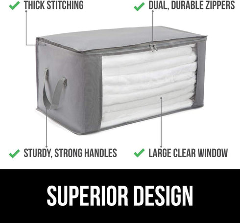 Gorilla Grip Large Capacity 3 Pack Clothes Storage Bag Organizer, 90L, Reinforced Handles, Thick Fabric for Blankets, Bedding, Clothing, Foldable Zipper Container Bags, Clear Window Closet Totes, Gray