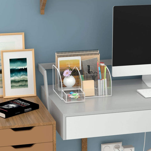 FEMELI Office Desk Organizer and Accessories, Acrylic Desk Organizer with 8 Compartments + 1Drawer(Clear)