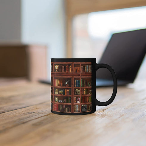 Library Bookshelf Mug, Library Mug, Bookshelf Mug, Librarian Mug, Book Lover Mug Birthday Gift Christmas Present, Literature Buff Avid Reader Gift, Book Titles Cup Black 11oz