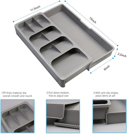 KAKUNM Kitchen Drawer Organizer Expandable Adjustable Utensils Silverware Tray for Drawer, Spoon Knife and Fork Partition Storage,Large, Gray
