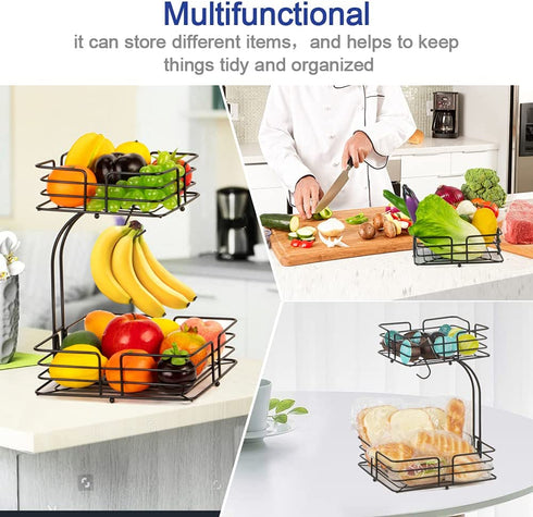 Auledio 2-Tier Square Countertop Fruit Vegetables Basket Bowl Storage With Banana Hanger, Black