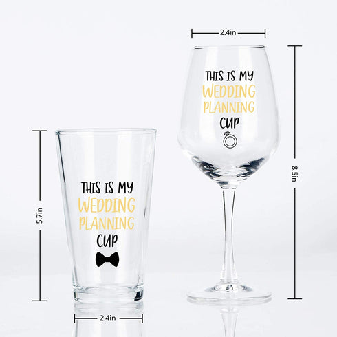 This is My Wedding Planning Cup, Beer Glass and Wine Glass Set for Him Her Couples Newlyweds Engagement Party Wedding Valentine's Day, Novelty Wedding Gift Idea for Bride and Groom, 15Oz (Set of 2)