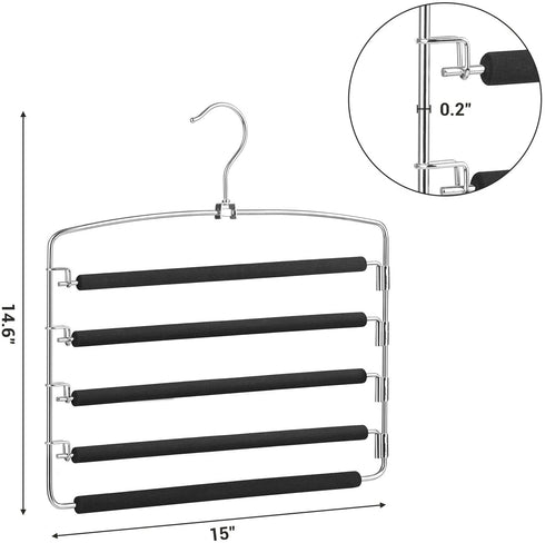 SONGMICS Pants Hangers Space Saving, 5 Layer Pants Hangers, Set of 2 Multiple Pant Hanger, Pants Organizer Hanger, Swing Arm Pants Hangers with Non-Slip Padding, Silver and Black UCRI041B02