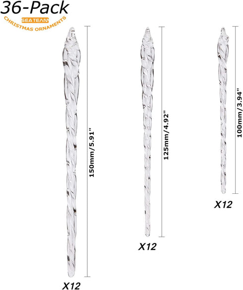 Sea Team Clear Glass Icicles Drops Ornaments for Christmas Tree Decorations, 3.9-5.9 inches, Set of 36