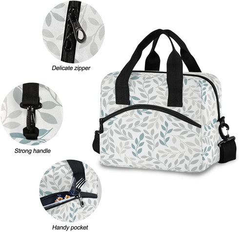 Grey Blue Leaves Lunch Bag with Shoulder Strap for Women Men Insulated Lunch Box Tote Bags Water-resistant Cooler Bag for Office Work Picnic Beach (11x7x9 Inch)