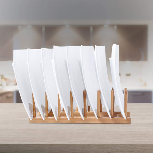 2Pack Bamboo Wooden Dish Rack, Plate Rack Stand Pot Lid Holder, Kitchen Cabinet Organizer for Cup, Cutting Board, Bowl, Drying Rack and More