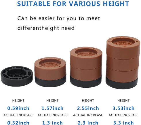 HANIHUA 4 Sets Bed Furniture Risers (Brown), 1 inch or 2 inch Heavy Duty Adjustable Round Risers with Furniture Pads for Bed Frame, Furniture, Table, Sofa, Chair Risers Supports Up to 1,500 lbs