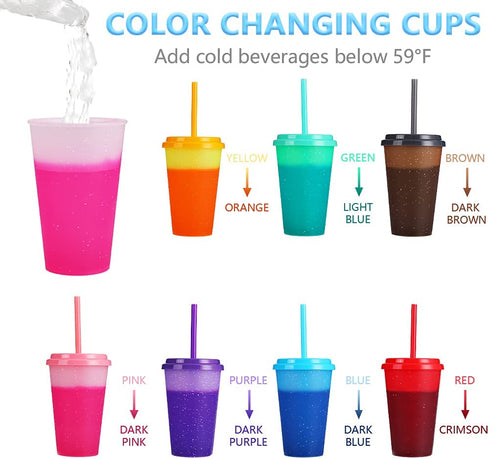 Color Changing Cups with Lids & Straws - 12 oz Reusable Cute Plastic Tumbler Bulk - 7 Pack Kids Small Funny Travel Straw Tumblers/ Adults Iced Cold Drinking Party Cup