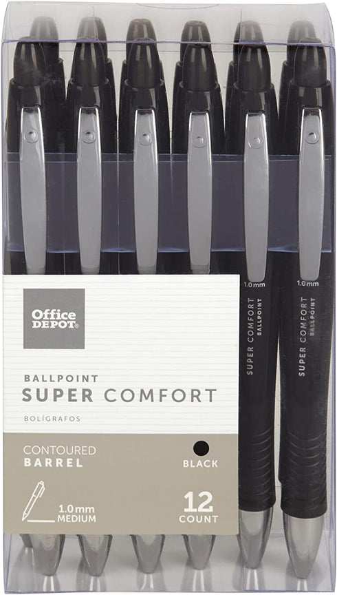 Office Depot Super Comfort Grip Retractable Ballpoint Pens, 1.0 mm, Medium Point, Black Ink, 12 pk, OD36101