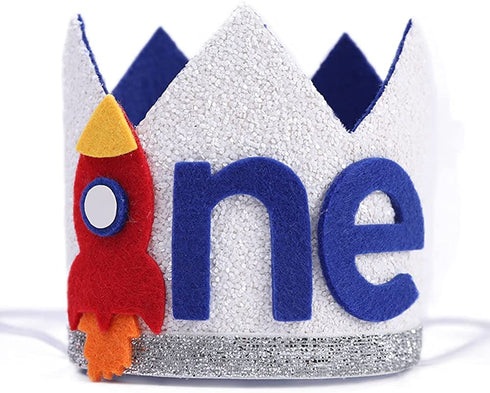 Boy Rocket 1st Birthday Crown - Space Theme Birthday Hat, 1st Birthday High Chair Banner, Outer Space Birthday, 3 2 1 Lift-off, Cosmic Birthday, Circle the Sun, Rocket Ship (Rocket Crown)