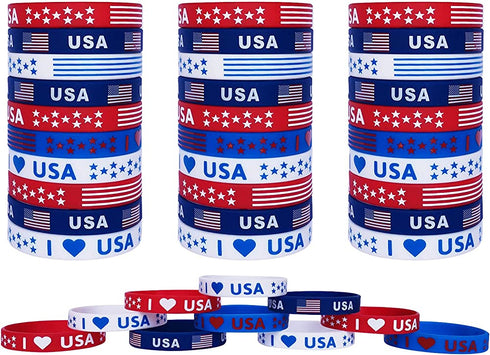 JAKADYUKS 40Pcs American Flag Silicone Bracelet USA Patriotic Party Wristband Party Favors School Gifts Supplies Fourth 4th of July Party Accessories