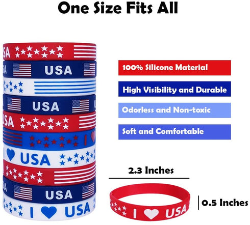 JAKADYUKS 40Pcs American Flag Silicone Bracelet USA Patriotic Party Wristband Party Favors School Gifts Supplies Fourth 4th of July Party Accessories