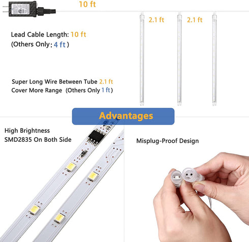 11.8 inch 10 Tubes 240 LED Meteor Shower Raindrop Lights with Timer Function Cascading Lights LED Icicle Lights Falling Raindrop Lights for Holiday Party Wedding Christmas Tree Decoration (Warm White)