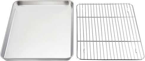 Baking Sheet with Rack Set, E-far Pure Stainless Steel Cookie Sheet Baking Tray Pan with Wire Rack, 12.5 x 10 x 1 inch, Non Toxic & Healthy, Anti Rust & Mirror Finish - Dishwasher Safe