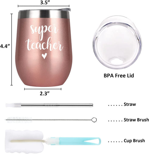 Super Teacher Stainless Steel Wine Tumbler, Christmas Birthday Appreciation Retirement Teacher™s Day Thank You Gifts for Teacher Tutor Professor Women, 12 oz Insulated Wine Tumbler with Lid, Rose Gold