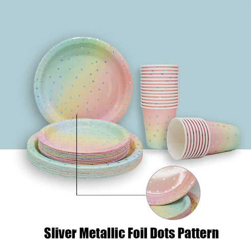 Sliver Dot Disposable Paper Party Plates Set 25 Dinner Plates, 25 Dessert Plates, 25 Cups, 25 Napkins, 25 Straws Dinnerware Set for Birthday Baby Shower Wedding Rainbow Party - Serves 25