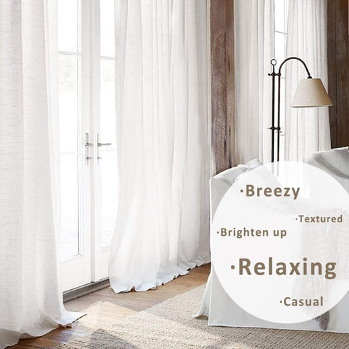 FMFUNCTEX Sheer White Curtains 45 Inch Length Linen Textured Light Filtering Semi Sheer Window Curtains for Small Window Laundry Room Bedroom Rod Pocket 2 pcs